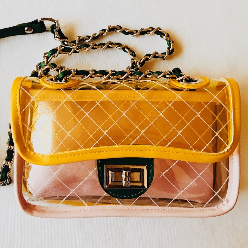 Used PVC Plastic Clear Yellow Pink Flap Bag Trendy
